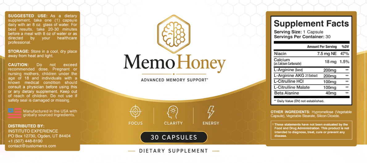 MemoHoney Supplement Facts label